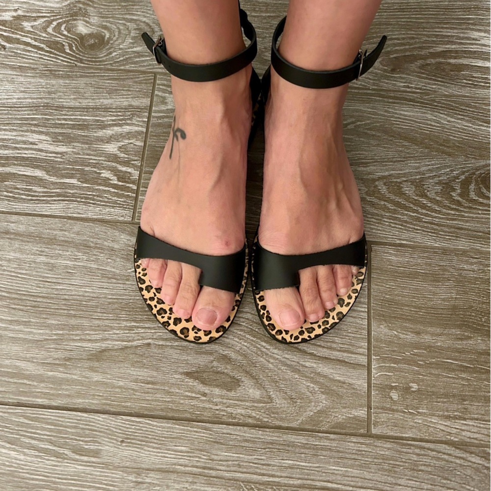 Women’s Black Strappy Sandals with Leopard-Print Insole